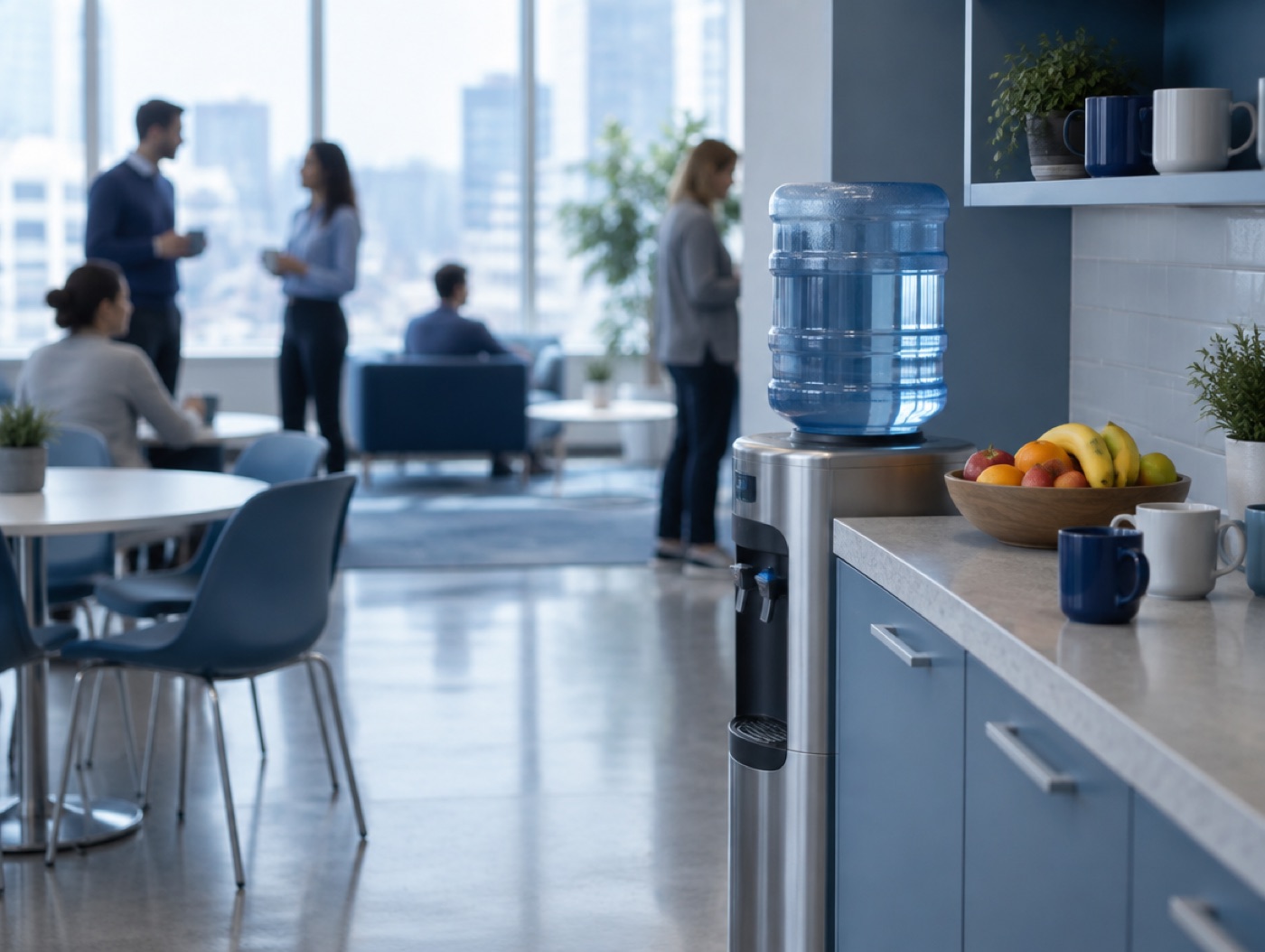 A busy break room at midday