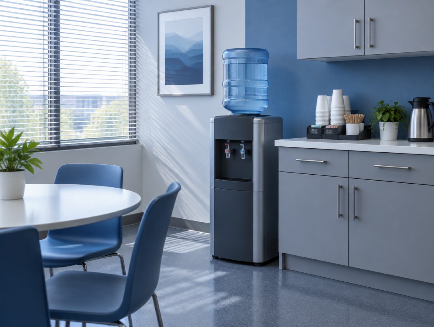 A stocked cooler in an office break room