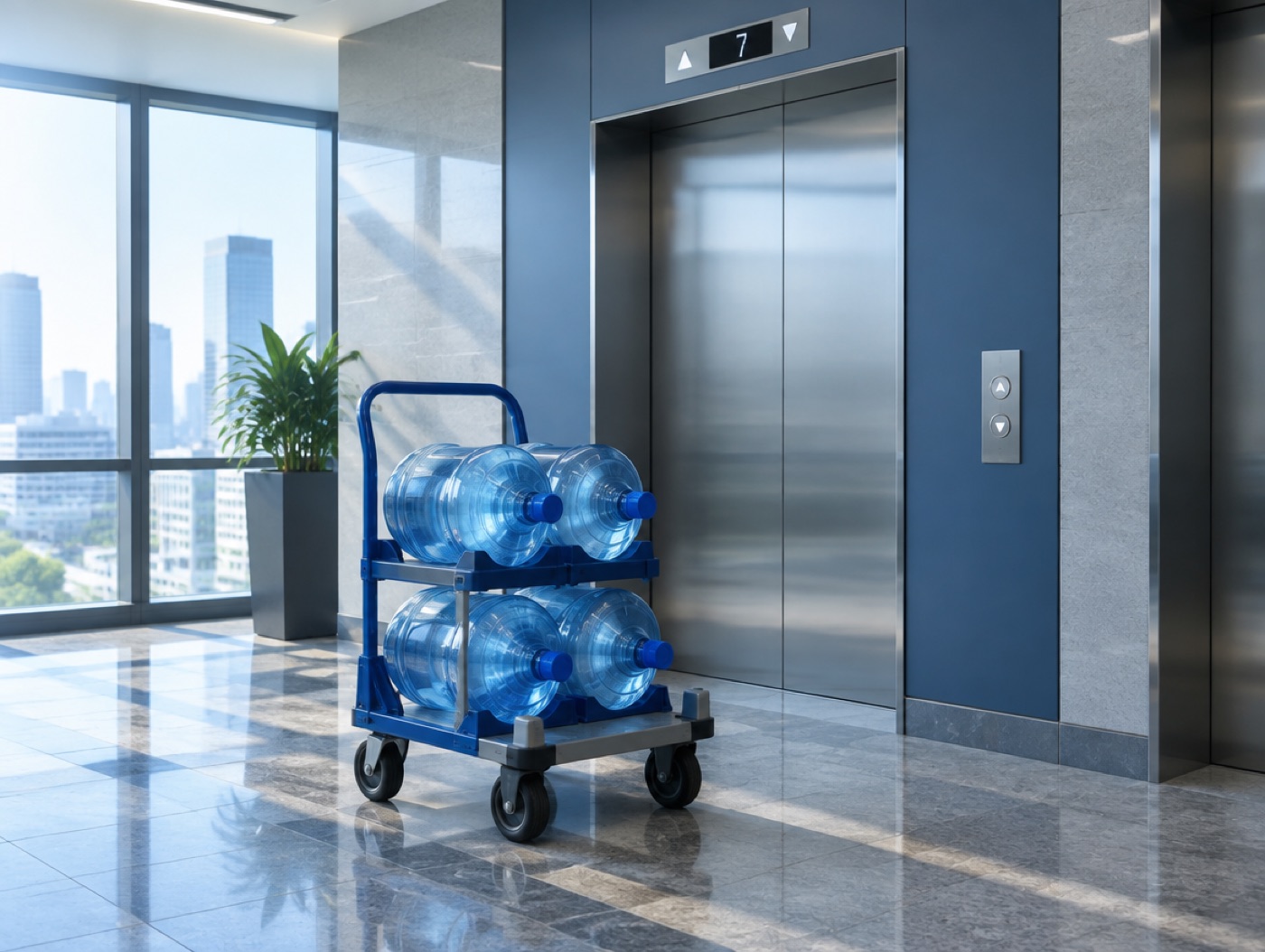 A delivery cart at the lift lobby