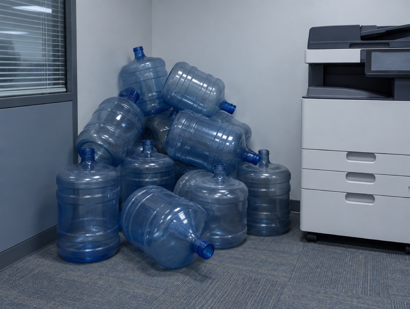 Empty five-gallon bottles stacked in an office corner