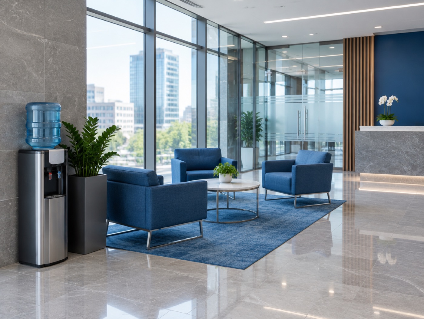 A cooler in the lobby seating area