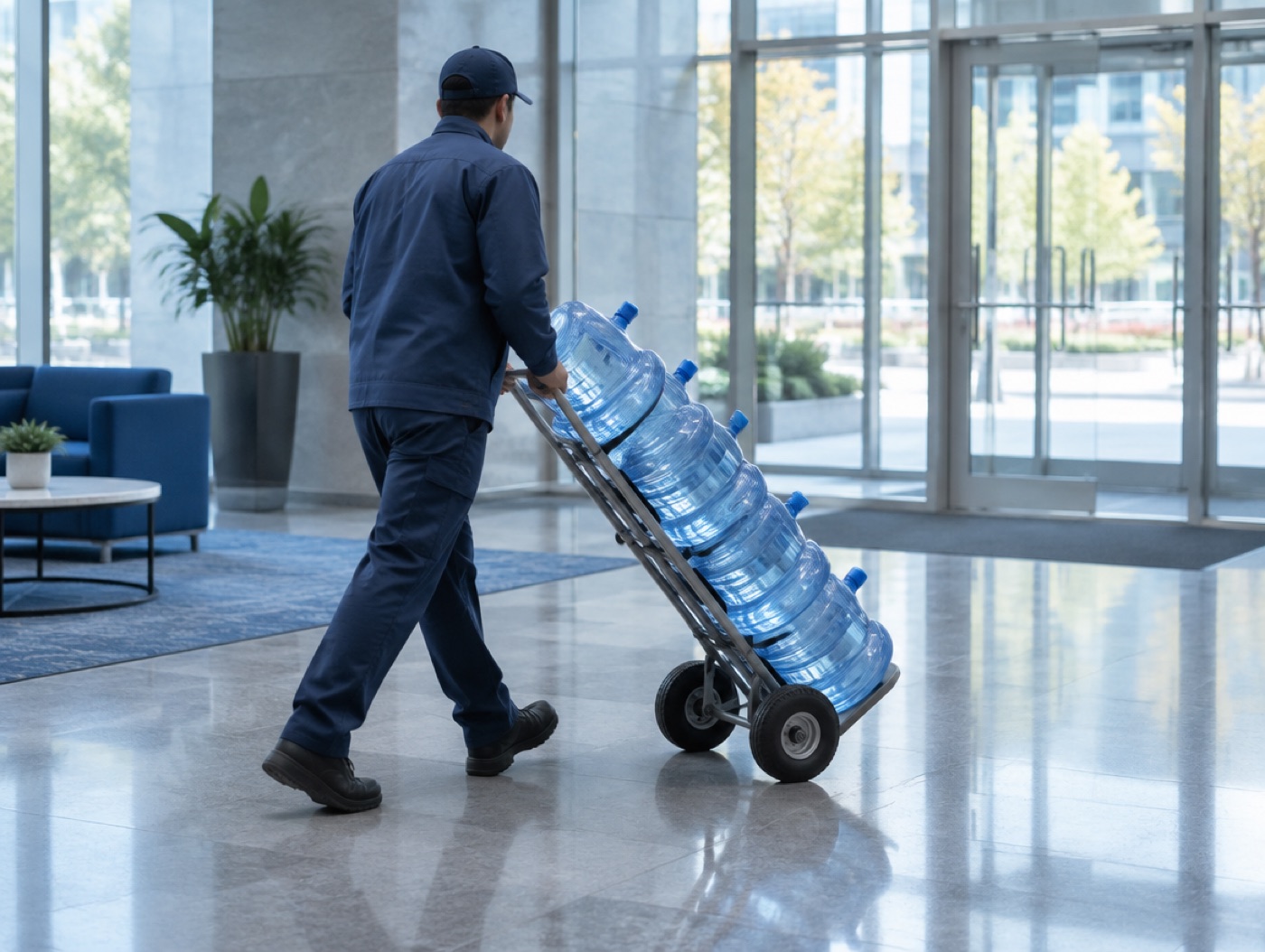 A driver wheeling bottles through an office lobby