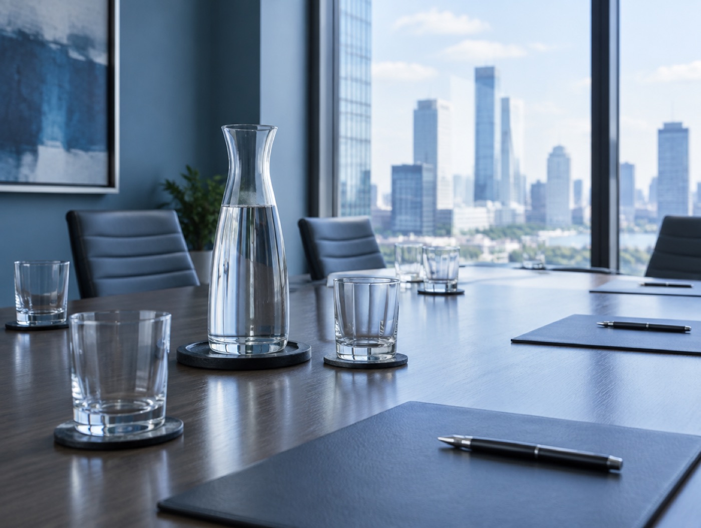 A meeting table set with water